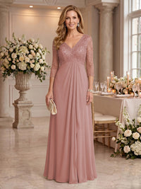V Neck Chiffon Floor Length Mother of the Bride/Groom Dresses with Sleeves