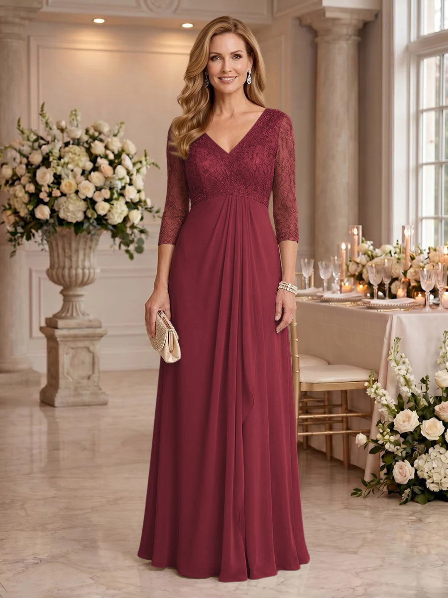 V Neck Chiffon Floor Length Mother of the Bride/Groom Dresses with Sleeves