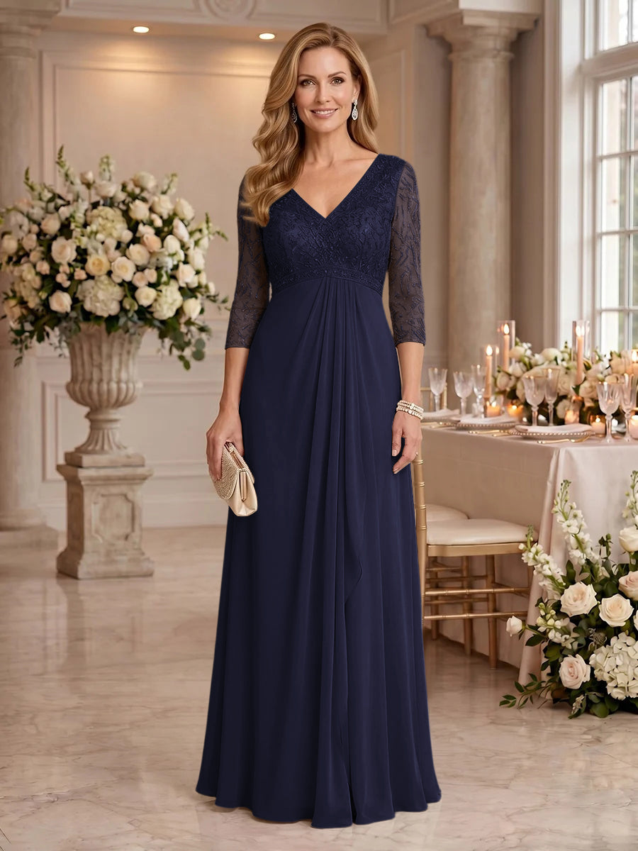 V Neck Chiffon Floor Length Mother of the Bride/Groom Dresses with Sleeves