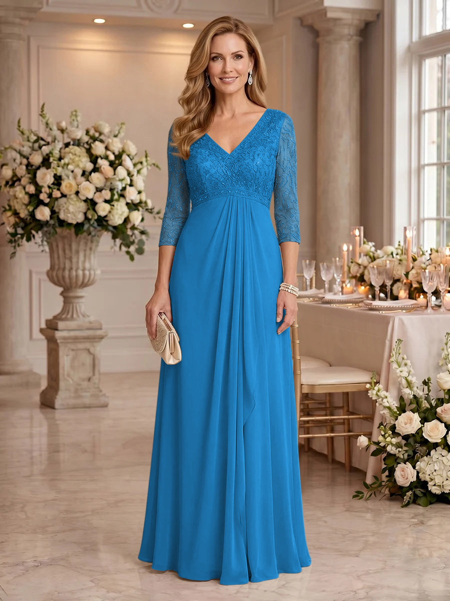 V Neck Chiffon Floor Length Mother of the Bride/Groom Dresses with Sleeves