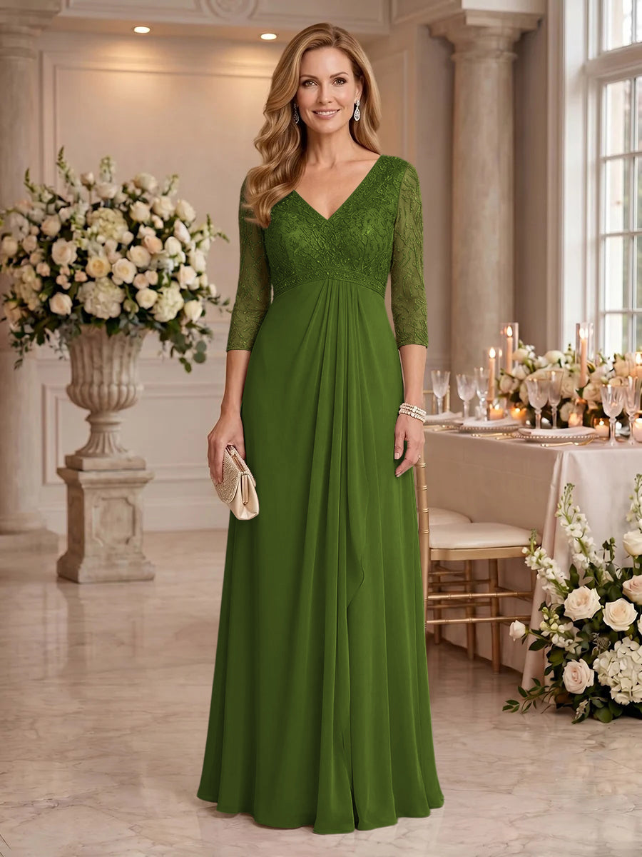 V Neck Chiffon Floor Length Mother of the Bride/Groom Dresses with Sleeves