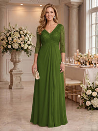 V Neck Chiffon Floor Length Mother of the Bride/Groom Dresses with Sleeves