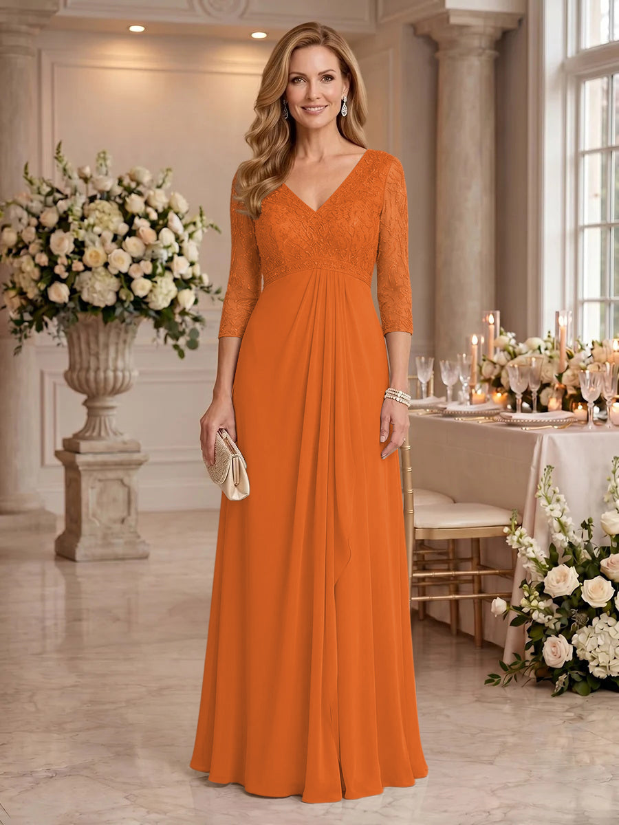 V Neck Chiffon Floor Length Mother of the Bride/Groom Dresses with Sleeves