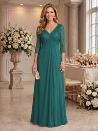 V Neck Chiffon Floor Length Mother of the Bride/Groom Dresses with Sleeves