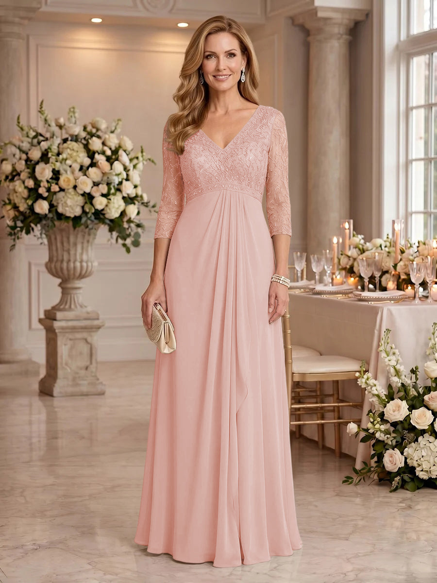 V Neck Chiffon Floor Length Mother of the Bride/Groom Dresses with Sleeves