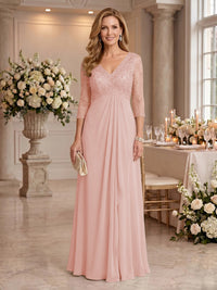 V Neck Chiffon Floor Length Mother of the Bride/Groom Dresses with Sleeves
