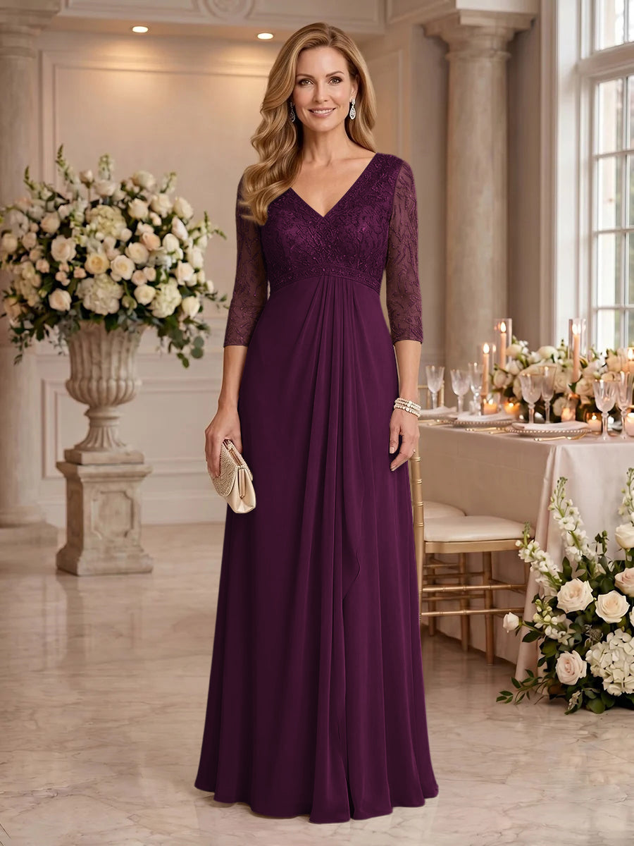V Neck Chiffon Floor Length Mother of the Bride/Groom Dresses with Sleeves