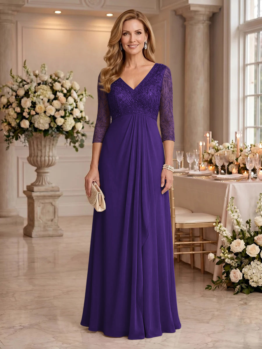 V Neck Chiffon Floor Length Mother of the Bride/Groom Dresses with Sleeves