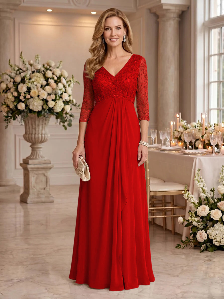 V Neck Chiffon Floor Length Mother of the Bride/Groom Dresses with Sleeves