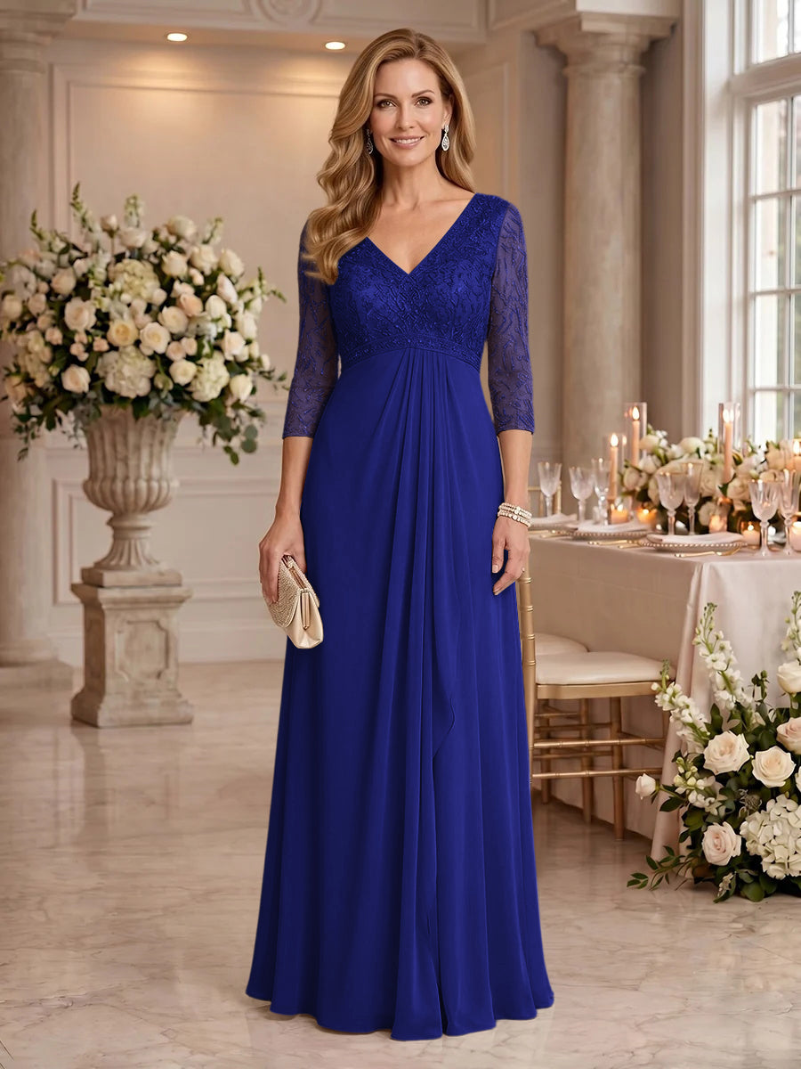 V Neck Chiffon Floor Length Mother of the Bride/Groom Dresses with Sleeves