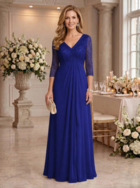 V Neck Chiffon Floor Length Mother of the Bride/Groom Dresses with Sleeves