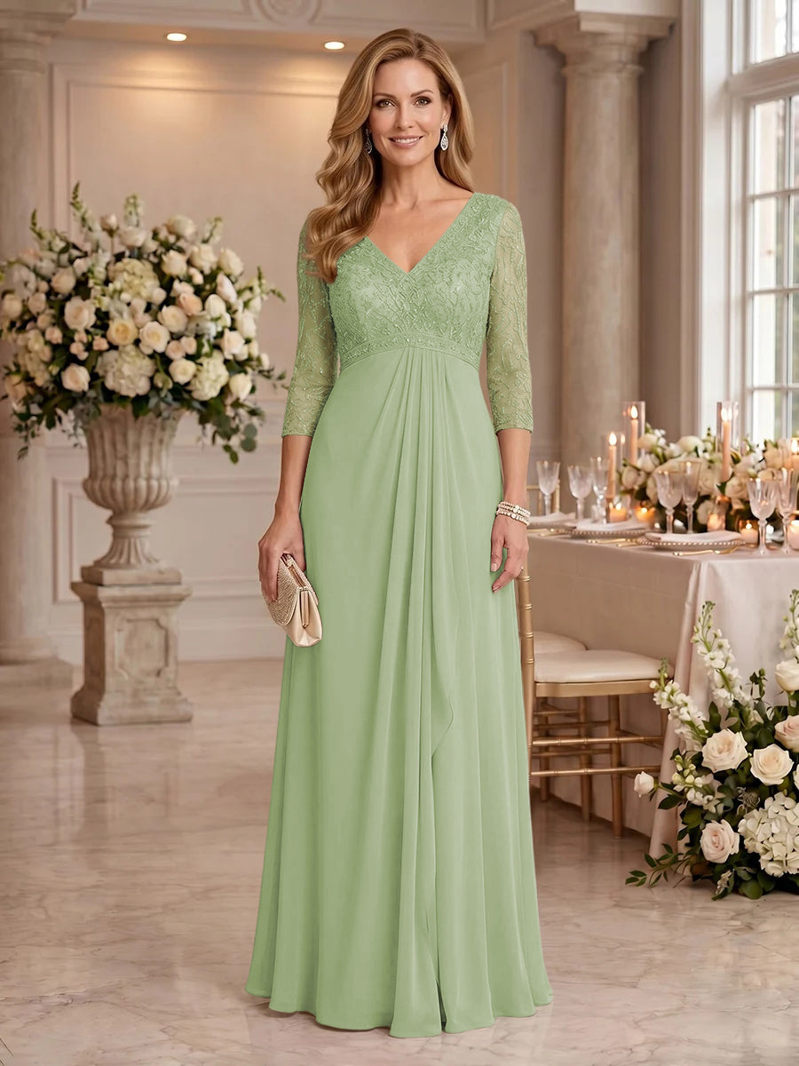 V Neck Chiffon Floor Length Mother of the Bride/Groom Dresses with Sleeves