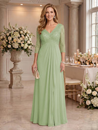 V Neck Chiffon Floor Length Mother of the Bride/Groom Dresses with Sleeves