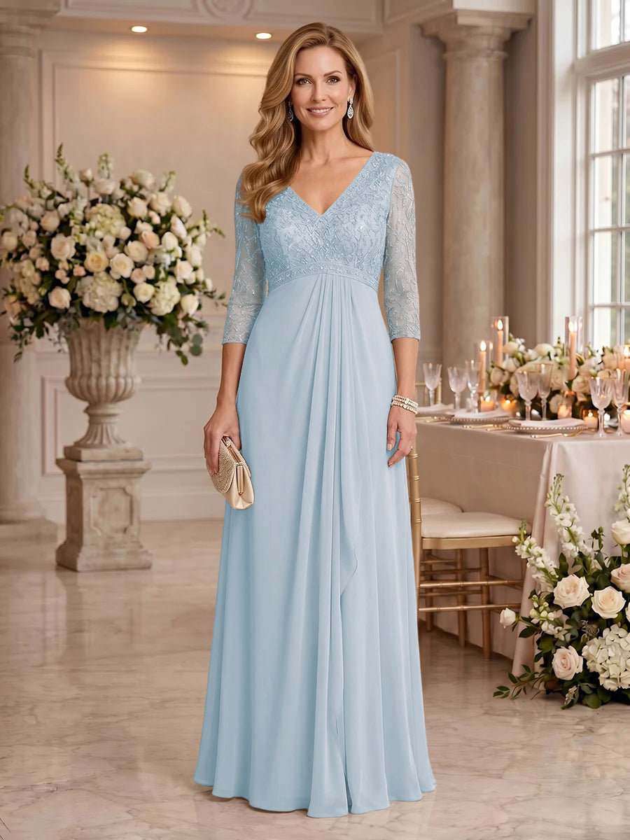 V Neck Chiffon Floor Length Mother of the Bride/Groom Dresses with Sleeves