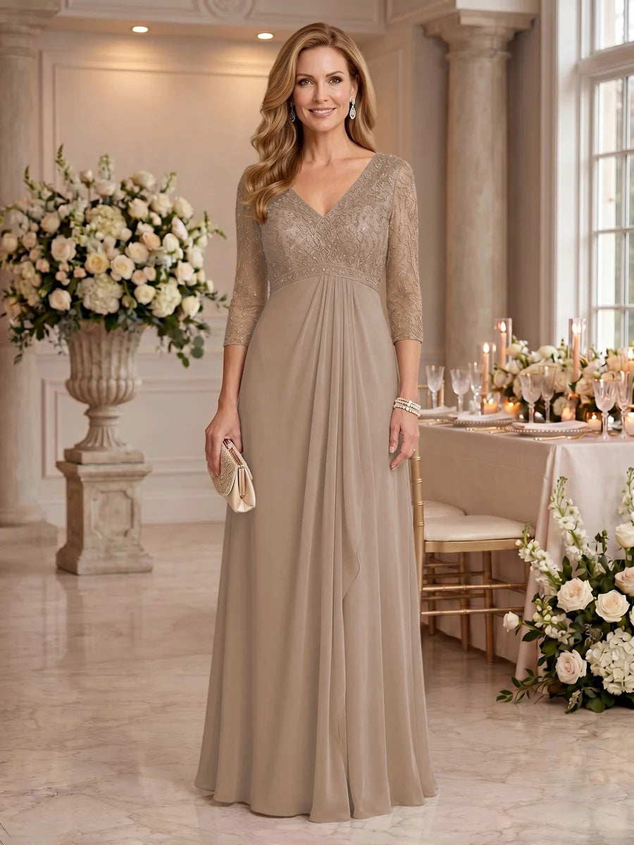 V Neck Chiffon Floor Length Mother of the Bride/Groom Dresses with Sleeves