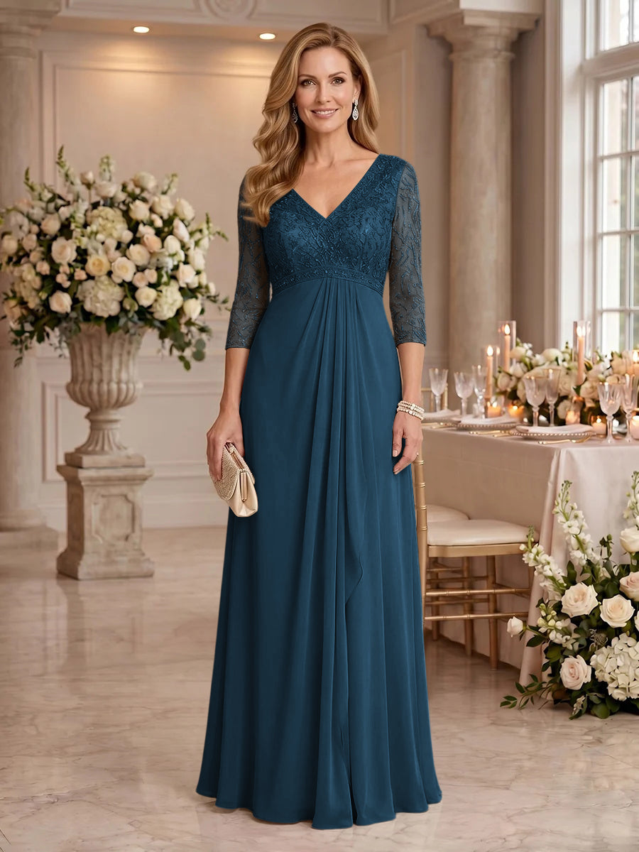 V Neck Chiffon Floor Length Mother of the Bride/Groom Dresses with Sleeves