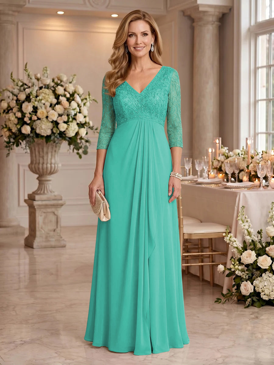 V Neck Chiffon Floor Length Mother of the Bride/Groom Dresses with Sleeves