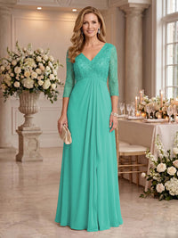 V Neck Chiffon Floor Length Mother of the Bride/Groom Dresses with Sleeves