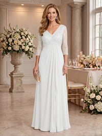 V Neck Chiffon Floor Length Mother of the Bride/Groom Dresses with Sleeves