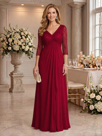 V Neck Chiffon Floor Length Mother of the Bride/Groom Dresses with Sleeves