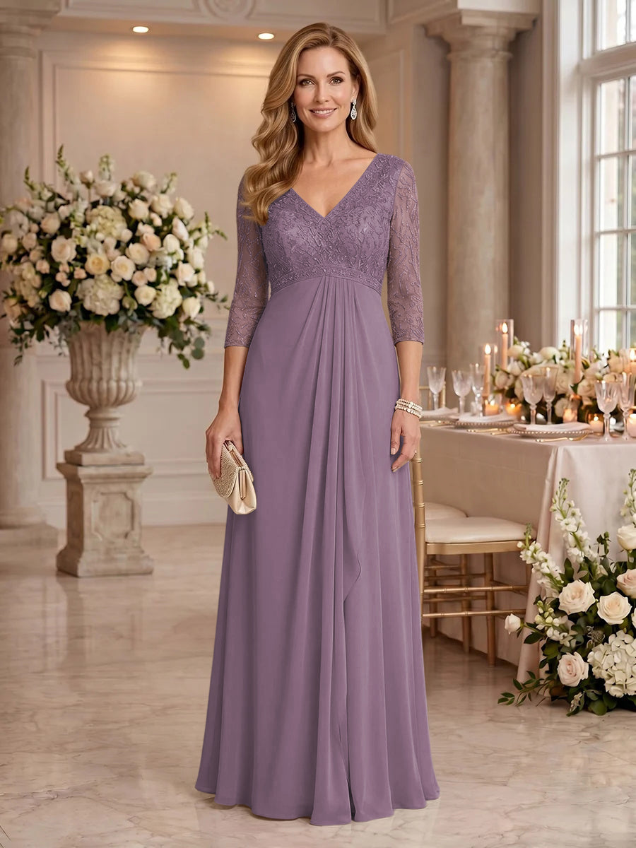V Neck Chiffon Floor Length Mother of the Bride/Groom Dresses with Sleeves
