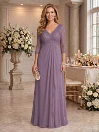 V Neck Chiffon Floor Length Mother of the Bride/Groom Dresses with Sleeves