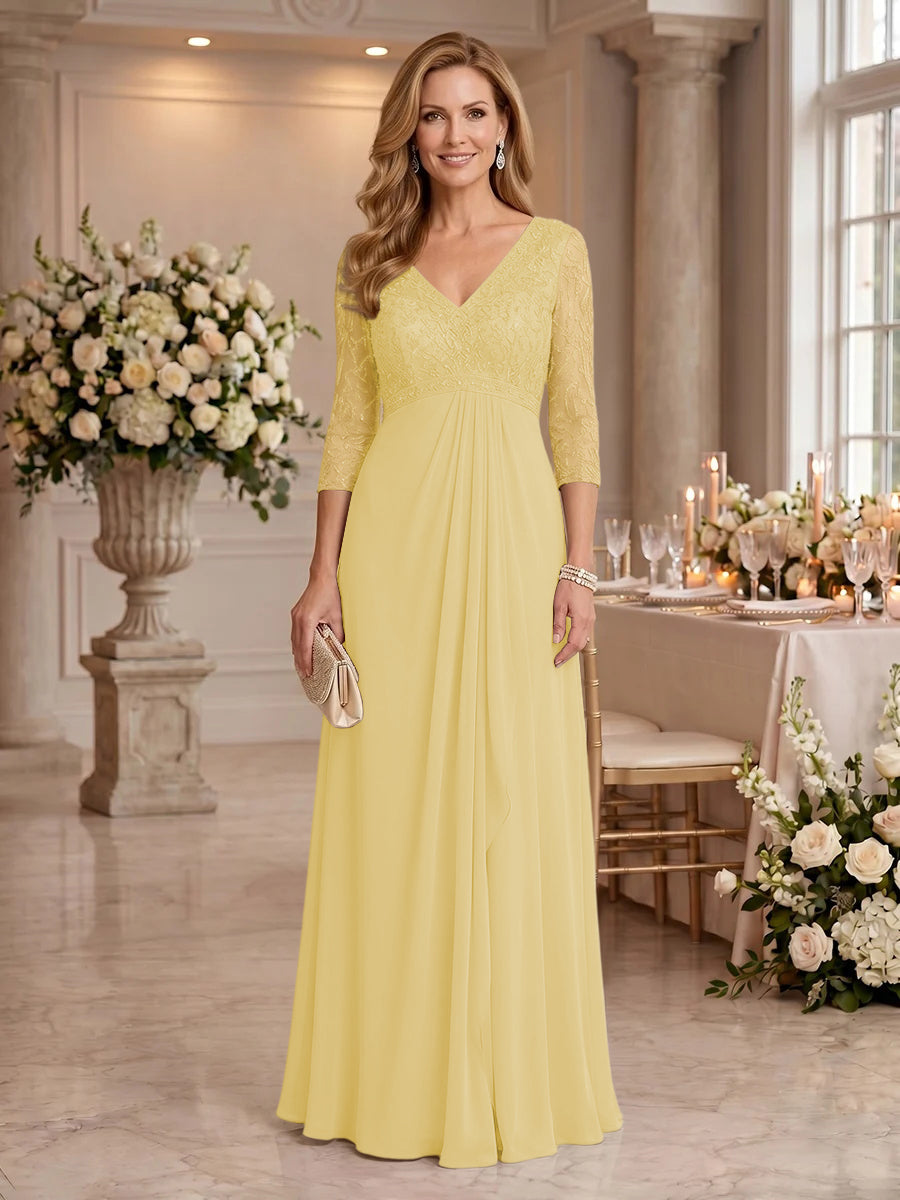 V Neck Chiffon Floor Length Mother of the Bride/Groom Dresses with Sleeves
