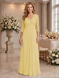 V Neck Chiffon Floor Length Mother of the Bride/Groom Dresses with Sleeves