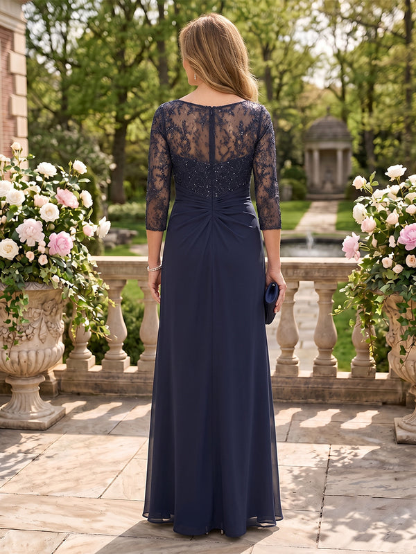 Jewel A Line Chiffon Floor Length Mother of the Bride/Groom Dresses with Sleeves