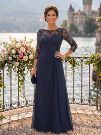 Jewel A Line Chiffon Floor Length Mother of the Bride/Groom Dresses with Sleeves