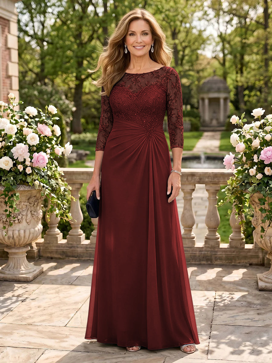 Jewel A Line Chiffon Floor Length Mother of the Bride/Groom Dresses with Sleeves