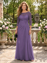 Jewel A Line Chiffon Floor Length Mother of the Bride/Groom Dresses with Sleeves