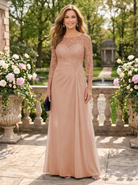 Jewel A Line Chiffon Floor Length Mother of the Bride/Groom Dresses with Sleeves