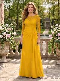 Jewel A Line Chiffon Floor Length Mother of the Bride/Groom Dresses with Sleeves