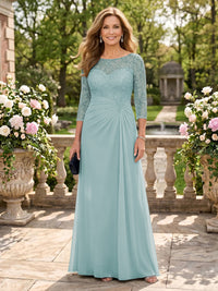 Jewel A Line Chiffon Floor Length Mother of the Bride/Groom Dresses with Sleeves