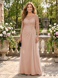 Jewel A Line Chiffon Floor Length Mother of the Bride/Groom Dresses with Sleeves