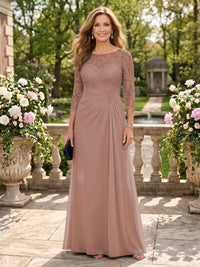 Jewel A Line Chiffon Floor Length Mother of the Bride/Groom Dresses with Sleeves