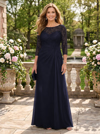 Jewel A Line Chiffon Floor Length Mother of the Bride/Groom Dresses with Sleeves