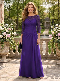 Jewel A Line Chiffon Floor Length Mother of the Bride/Groom Dresses with Sleeves