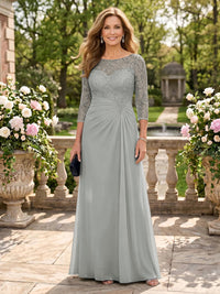 Jewel A Line Chiffon Floor Length Mother of the Bride/Groom Dresses with Sleeves