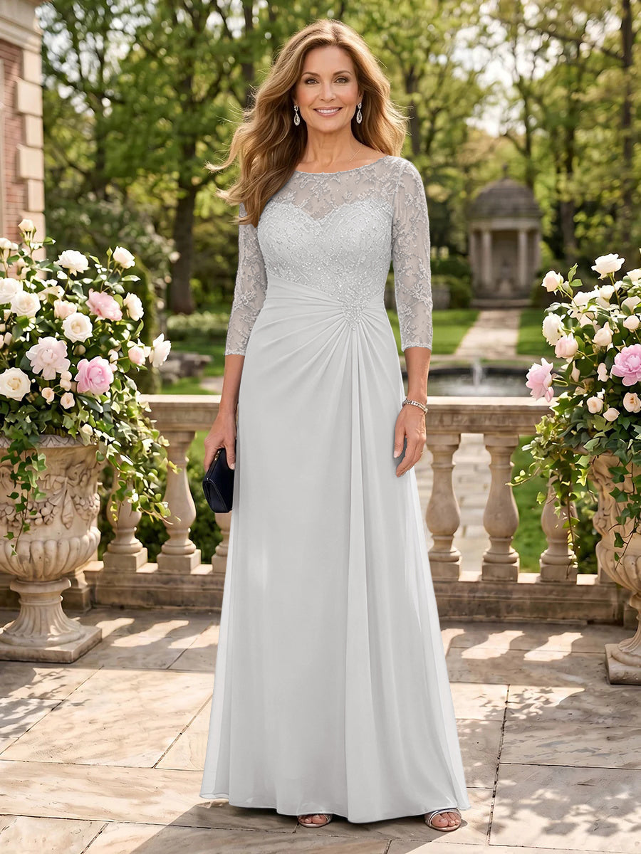 Jewel A Line Chiffon Floor Length Mother of the Bride/Groom Dresses with Sleeves