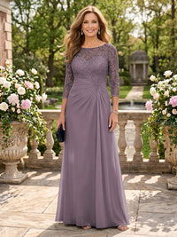Jewel A Line Chiffon Floor Length Mother of the Bride/Groom Dresses with Sleeves