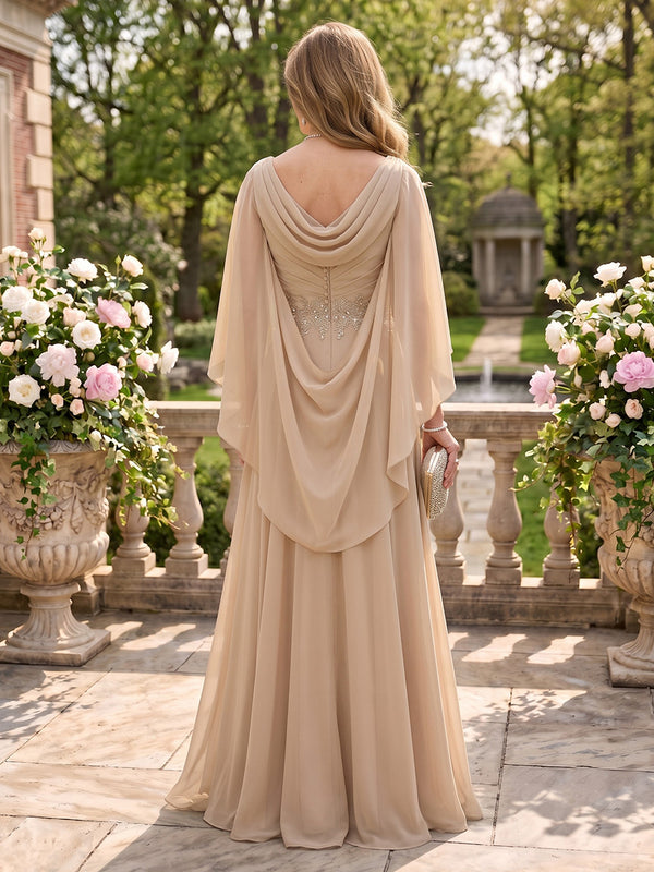 Cowl Neck A Line Chiffon Floor Length Mother of the Bride/Groom Dresses with Cape
