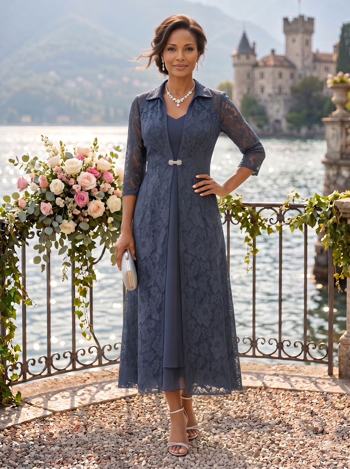 2 Pieces V Neck 3/4 Sleeves Mother of the Bride Dresses with Jacket