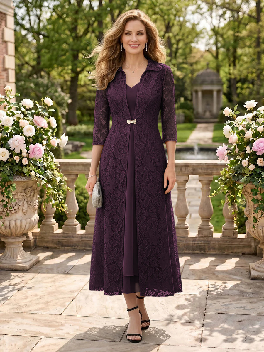 2 Pieces V Neck 3/4 Sleeves Mother of the Bride Dresses with Jacket