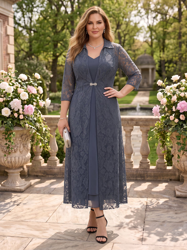 Plus Size 2 Pieces V Neck 3/4 Sleeves Mother of the Bride Dresses with Jacket