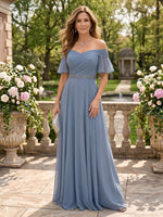 Off the Shoulder A Line Chiffon Floor Length Mother of the Bride/Groom Dresses with Sleeves