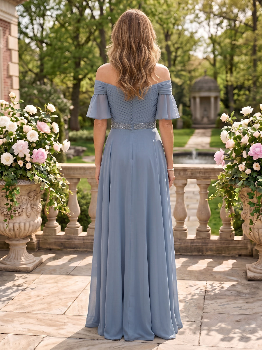 Off the Shoulder A Line Chiffon Floor Length Mother of the Bride/Groom Dresses with Sleeves