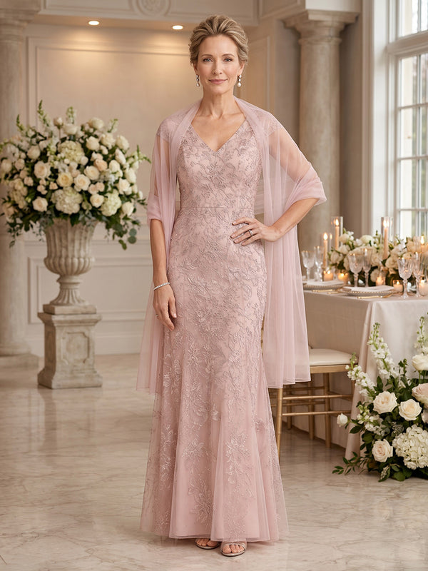2 Pieces V Neck Mermaid Lace Mother of the Bride Dresses with Wrap