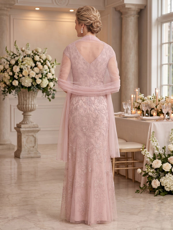 2 Pieces V Neck Mermaid Lace Mother of the Bride Dresses with Wrap